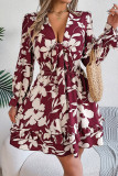 Casual Flowers Print Lace Up V Neck A Line Dresses