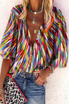 Casual Daily Striped Print Buttons Contrast V Neck Tops
