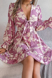 Casual Flowers Print Lace Up V Neck A Line Dresses