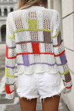 Casual Colorblock Hollow Out Weave O Neck Tops