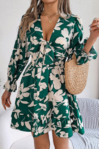 Casual Flowers Print Lace Up V Neck A Line Dresses