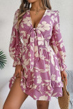 Casual Flowers Print Lace Up V Neck A Line Dresses