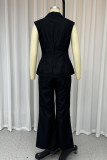 Casual Solid Color Hollow Out Metal Accessories Trim Turn-back Collar Regular Jumpsuits