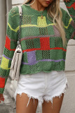 Casual Colorblock Hollow Out Weave O Neck Tops