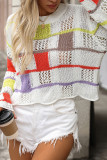 Casual Colorblock Hollow Out Weave O Neck Tops