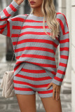 Casual Street Stripe Weave Contrast O Neck Long Sleeve Two Pieces