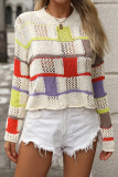 Casual Colorblock Hollow Out Weave O Neck Tops