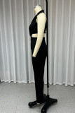 Casual Solid Color Hollow Out Metal Accessories Trim Turn-back Collar Regular Jumpsuits