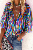Casual Daily Striped Print Buttons Contrast V Neck Tops