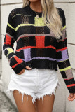 Casual Colorblock Hollow Out Weave O Neck Tops