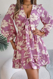 Casual Flowers Print Lace Up V Neck A Line Dresses