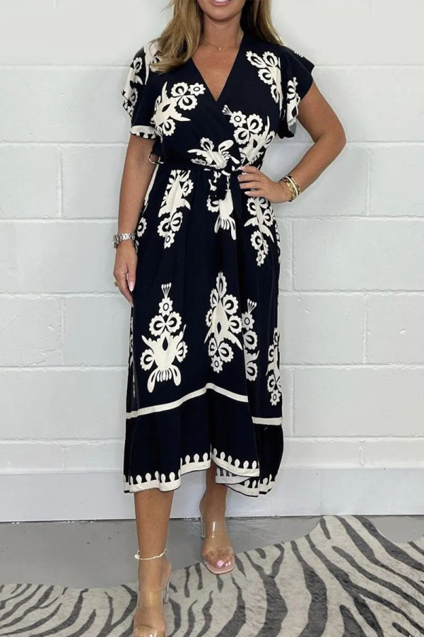 Casual Floral Print Lace Up V Neck A Line Dresses
