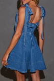 Casual Daily Solid Color Distressed Lace Up Square Neck Sleeveless Denim Dresses