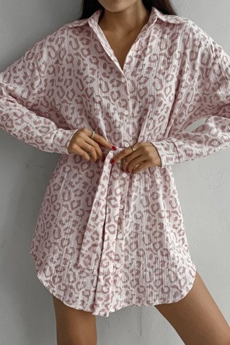 Casual Leopard Print Lace Up Turndown Collar Shirt Dresses