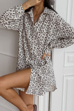 Casual Leopard Print Lace Up Turndown Collar Shirt Dresses