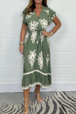 Casual Floral Print Lace Up V Neck A Line Dresses