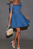 Casual Daily Solid Color Distressed Lace Up Square Neck Sleeveless Denim Dresses
