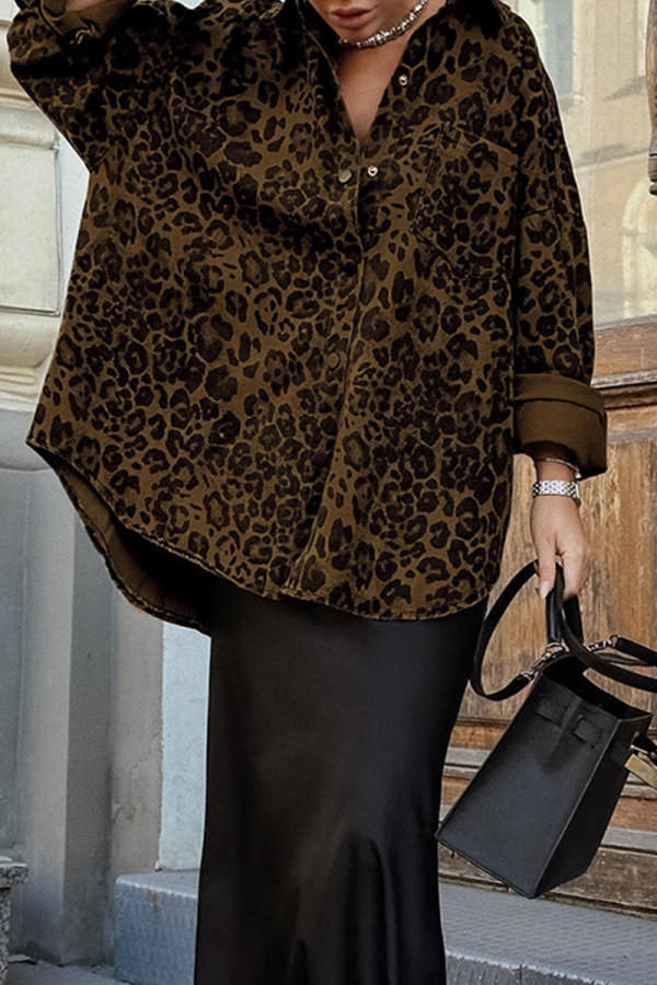 Casual Street Leopard Print Buttons Turndown Collar Tops