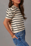 Casual Stripe Ruched Weave O Neck T-Shirts