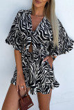 Casual Vacation Geometric Print Flowers Lace Up Ruffle Contrast V Neck Loose Rompers