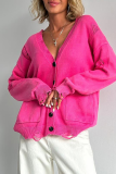 Casual Daily Solid Color Ripped Distressed Pocket Buttons V Neck Outerwear