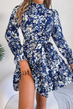 Elegant Floral Print Lace Up Half A Turtleneck A Line Dresses