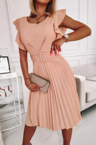 Elegant Solid Color Ruffle Pleated O Neck Pleated Dresses