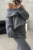 Sexy Solid Color Patchwork Potholes Off Shoulder Long Sleeve Two Pieces