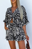 Casual Vacation Geometric Print Flowers Lace Up Ruffle Contrast V Neck Loose Rompers