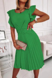 Elegant Solid Color Ruffle Pleated O Neck Pleated Dresses