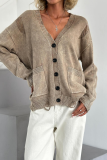 Casual Daily Solid Color Ripped Distressed Pocket Buttons V Neck Outerwear