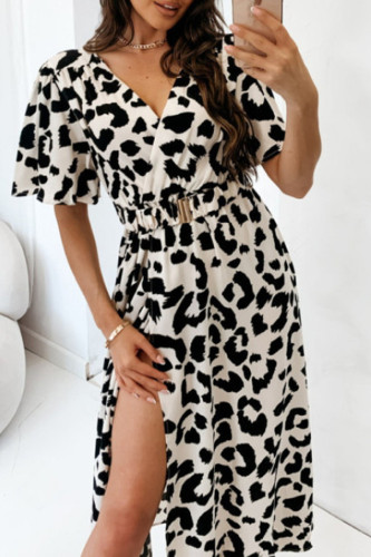 Elegant Leopard Print Slit V Neck A Line Short Sleeve Dress