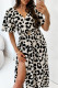 Elegant Leopard Print Slit V Neck A Line Short Sleeve Dress