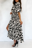 Elegant Leopard Print Slit V Neck A Line Short Sleeve Dress