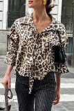 Casual Street Leopard Print Lace Up Turndown Collar Tops