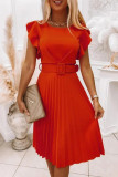 Elegant Solid Color Ruffle Pleated O Neck Pleated Dresses