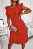 Elegant Solid Color Ruffle Pleated O Neck Pleated Dresses