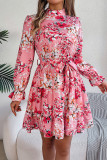 Elegant Floral Print Lace Up Half A Turtleneck A Line Dresses