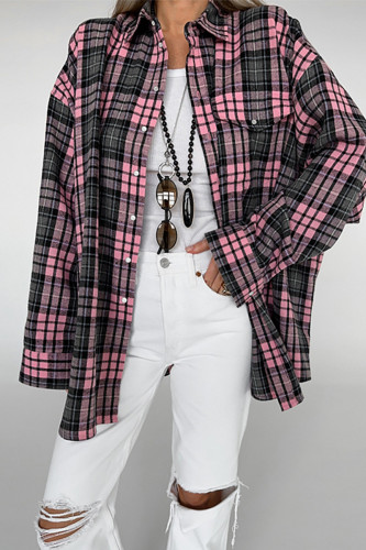 Casual Daily Plaid Pocket Buttons Contrast Turndown Collar Tops