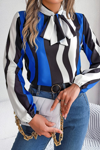 Casual Daily Geometric Print Lace Up Contrast Tie Neck Tops