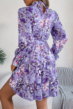 Elegant Floral Print Lace Up Half A Turtleneck A Line Dresses