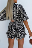 Casual Vacation Geometric Print Flowers Lace Up Ruffle Contrast V Neck Loose Rompers