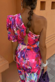 Elegant Floral Print Ruched Irregular Contrast Sloping Shoulder One Step Skirt Dresses