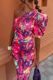 Elegant Floral Print Ruched Irregular Contrast Sloping Shoulder One Step Skirt Dresses