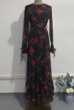 Elegant Floral Print Patchwork See-Through O Neck One Step Skirt Dresses