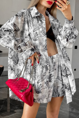 Casual Street Floral Print Contrast Turndown Collar Long Sleeve Two Pieces