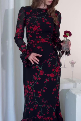 Elegant Floral Print Patchwork See-Through O Neck One Step Skirt Dresses