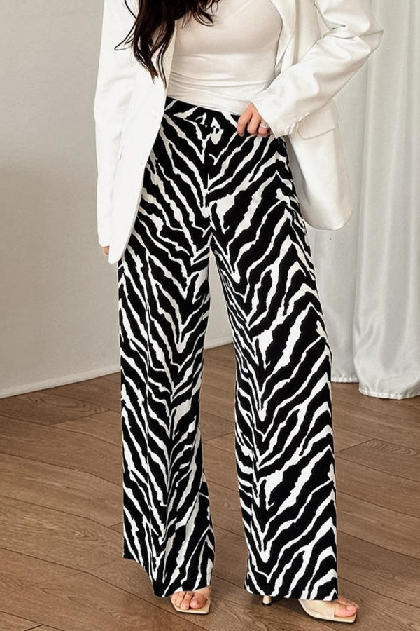 Casual Zebra Print Contrast Loose High Waist Wide Leg Full Print Bottoms