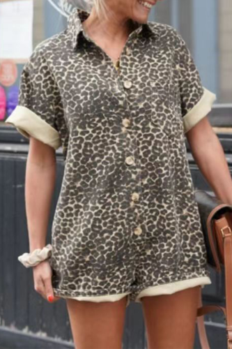 Casual Street Leopard Print Buttons Turndown Collar Loose Rompers