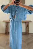 Casual Daily Solid Color Lace Up O Neck Long Sleeve Two Pieces